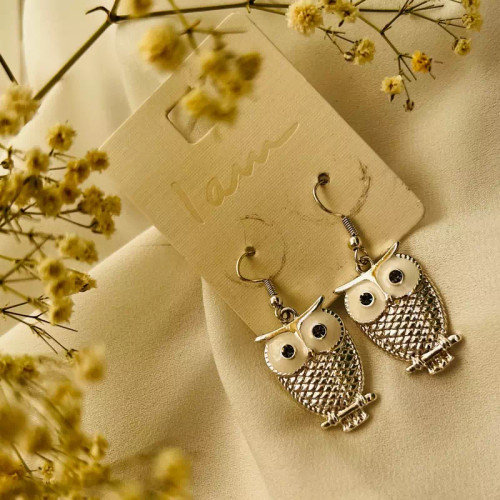 گوشواره بسیار کیوت جغد نقره ای چشم نگین