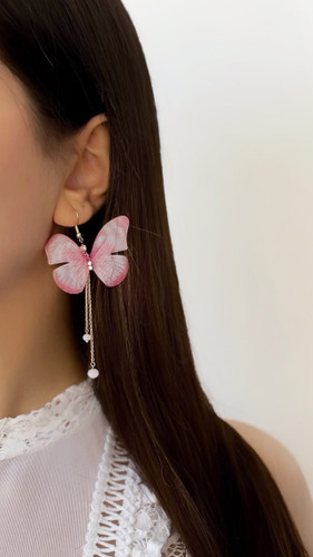 گوشواره پروانه حریر گوشواره پارچه ای گوشواره صورتی گوشواره دخترانه